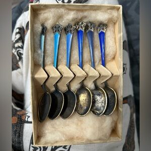 Vintage Gullsmed Magnus Aase 925 Sterling Silver Blue Colors Norway Small Spoons